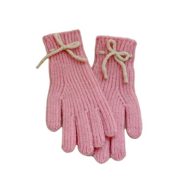 SGFCWSX Kids Snow Gloves with Bow Knit Winter Daily Use Gloves for Boys Girls Full Finger Touchscreen Gloves Pink Size 5-12 Years
