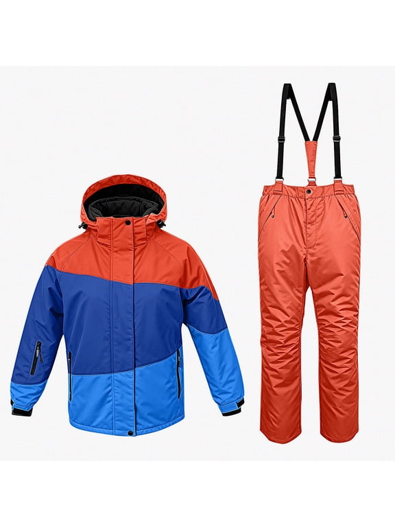 Kids Snowsuit 2 Piece Set Ski Jacket and Bib Pants, Waterproof Windproof Hooded Insulated Winter Outfit for Boys Girls Orange Size 9