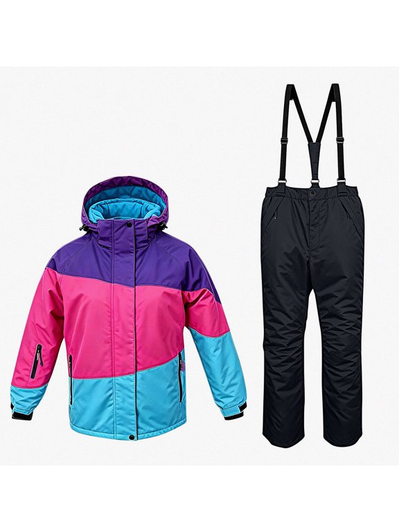 Kids Snowsuit 2 Piece Set Ski Jacket and Bib Pants, Waterproof Windproof Hooded Insulated Winter Outfit for Boys Girls Purple Size 11