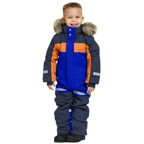 SGFCWSX Kids Snowsuit Furry Hooded Reflective Insulated Jumpsuit Cold Weather Heavy Duty Outfit for Boys Girls Blue Size 10-11Years