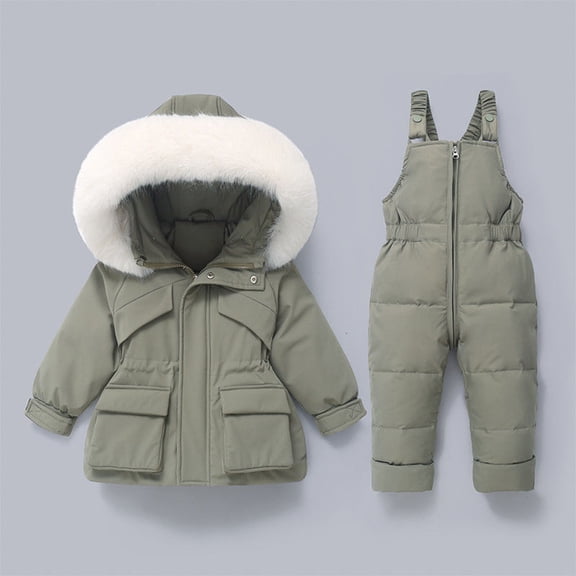 SGFCWSX Kids Snowsuits for Boys Ski Jacket with Furry Hood and Bib Pants for Girls Insulated Waterproof Snow Set Army Green Size 3-4Years