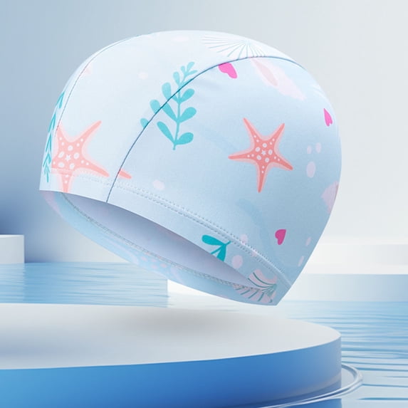 SGFCWSX Kids Swim Cap Cute Print Stretchy Waterproof Soft Swimming Hat for Girls Light Blue Free Size