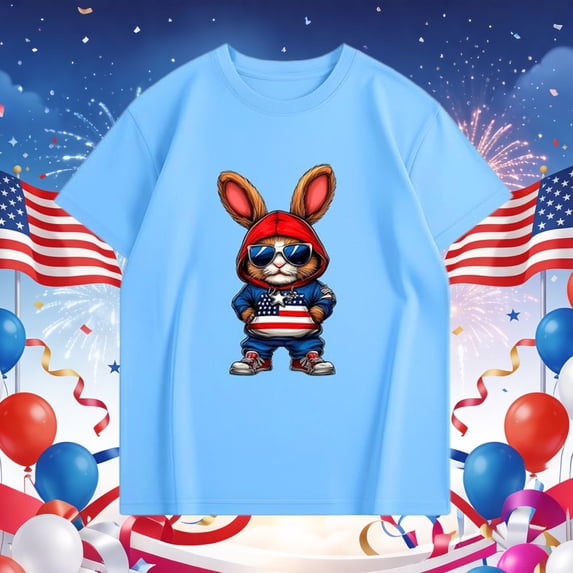 SGFCWSX Kids T Shirts Patriotic Bunny Print Crew Neck Short Sleeve Casual Tops for Boys Girls Light Blue Size 7/8