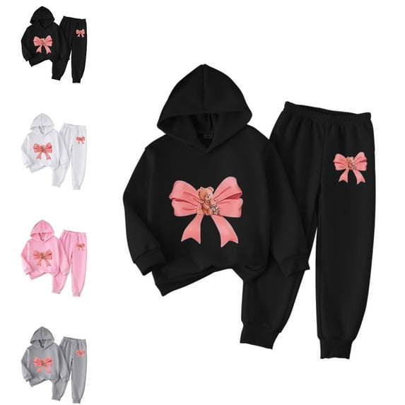 SGFCWSX Kids Tracksuit Girls Hoodie and Sweatpants Set 2 Piece Cute Bear Bow Graphic Casual Outfit Black Size 6-7 Years