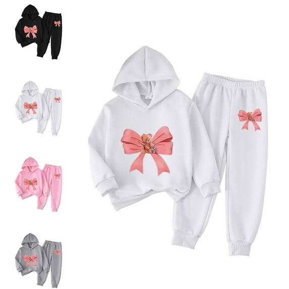 SGFCWSX Kids Tracksuit Girls Hoodie and Sweatpants Set Casual 2 Piece Cute Bear Bow Graphic Outfit White Size 6-7 Years