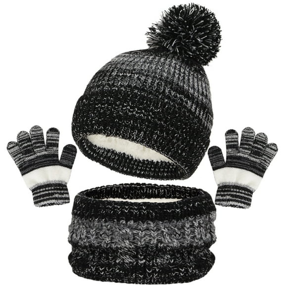 SGFCWSX Kids Winter Hat Scarf Gloves Set Boys and Girls Fleece Lined Beanie Hats for Snow Play Toddler Striped Knit Gloves 3 Piece Sets Black Size 1-6 Years
