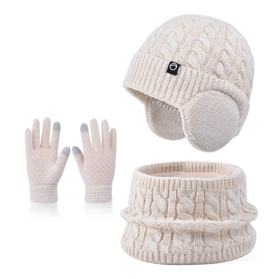 SGFCWSX Kids Winter Hat Scarf Gloves Set Boys and Girls Beanie Caps with Ear Flaps Child Fleece Lined Warm Gloves 3 Piece Sets Beige Size 6-13 Years