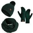 thumbnail image 1 of SGFCWSX Ladies' Winter Beanie Three Piece Set,Fluffy Ball Double-Layer Hat Solid Color Knitted Scarf Glove Set Green Free Size, 1 of 6