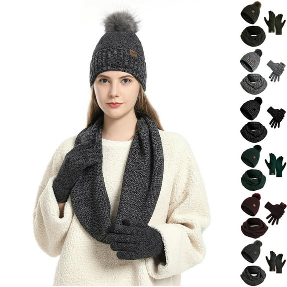 SGFCWSX Ladies' Winter Beanie Three Piece Set,Knitted Fluffy Ball Double-Layer Hat Solid Color Scarf Glove Set Dark Gray Free Size