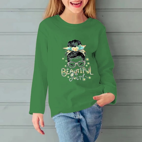 SGFCWSX Long Sleeve Shirts for Kids Girls Beautiful Girl Print Tops Fall T-Shirts Green Size 7 Years