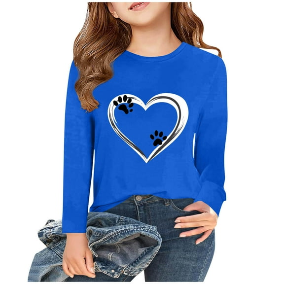 SGFCWSX Long Sleeve Shirts for Kids Girls Heart Shaped Dog Paw Print Tops Casual Fall T-Shirts Blue Size 9-10 Years