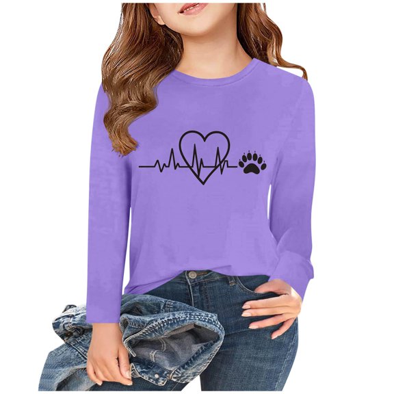 SGFCWSX Long Sleeve Shirts for Kids Girls Heart Shaped Dog Paw Print Tops Fall Casual T-Shirts Purple Size 7-8 Years