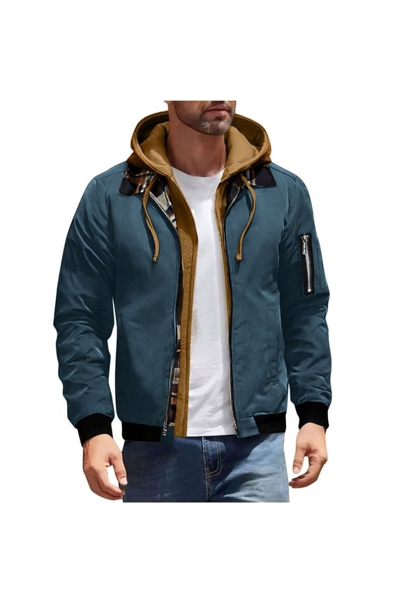 Men Cargo Hooded Jacket, Faux Two-Piece Plaid Lining Multi-Pocket Warm Casual Flight Outerwear Blue XXL