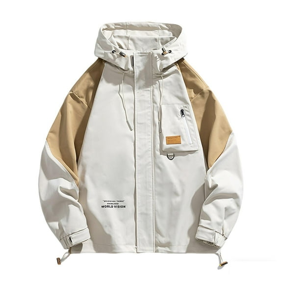 SGFCWSX Men Casual Color Block Hooded Jacket with Drawstring and Multiple Pockets for Outdoor Wear Khaki Size XL