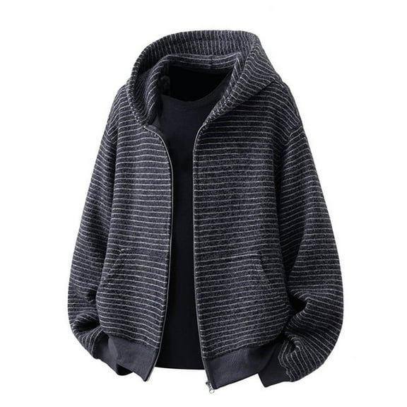 SGFCWSX Men Casual Striped Full Zip Hooded Jacket Soft Fleece Zip Up Coat for Daily Wear Black Size XL