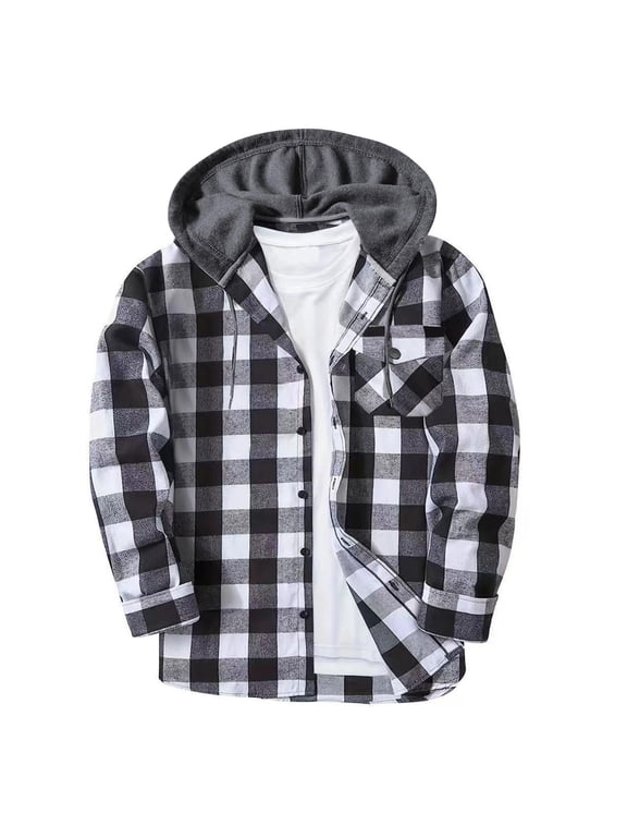 Men Checkered Jackets, Button Casual Hooded Work Coats with Pockets Long Sleeve Plaid Shirt Jacket Gray L