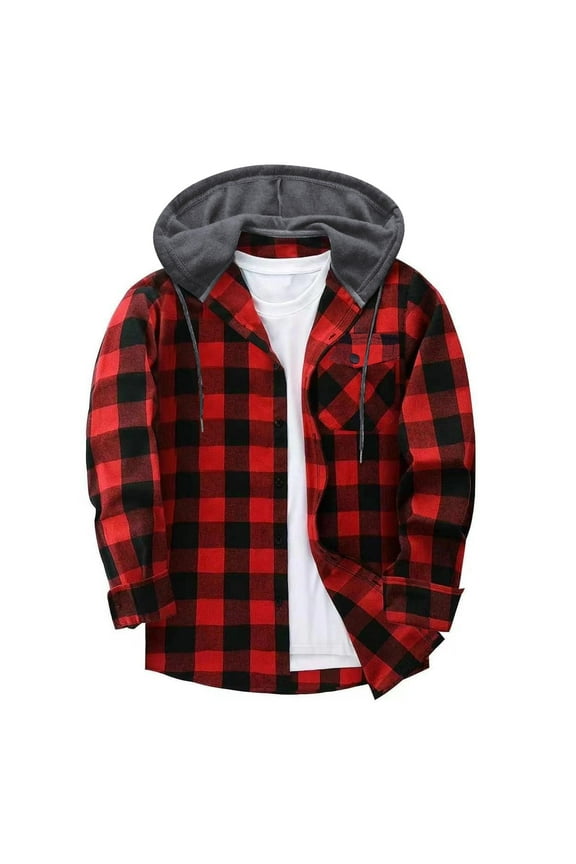 Men Checkered Jackets, Casual Hooded Work Coats with Pockets Button Long Sleeve Plaid Shirt Jacket Red 3XL