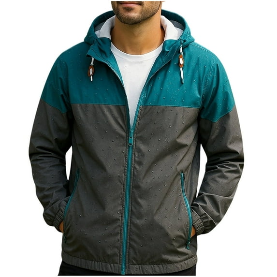 SGFCWSX Men Color Block Waterproof Hooded Jacket Full Zip Lightweight Windbreaker for Outdoor Gray Size L