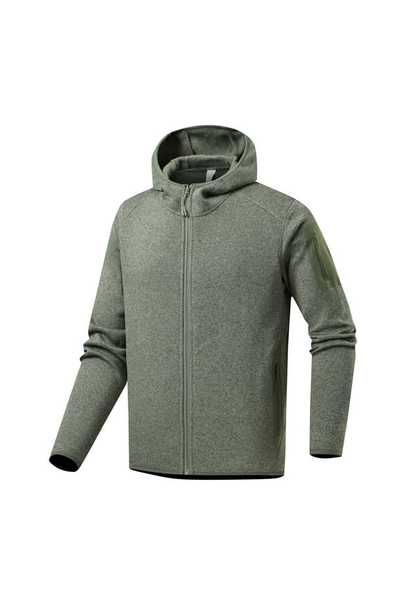 Men Full Zip Hooded Fleece Jacket with Arm Pocket Army Green Size 2XL