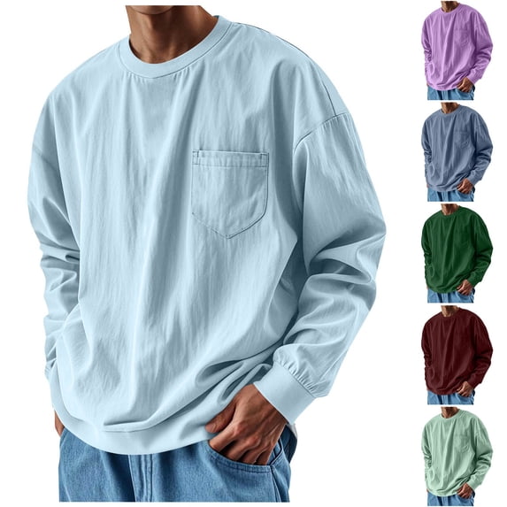 SGFCWSX Men Long Sleeve Blouse, Loose Fit Solid Shirt Round Neck Casual Top Blue S