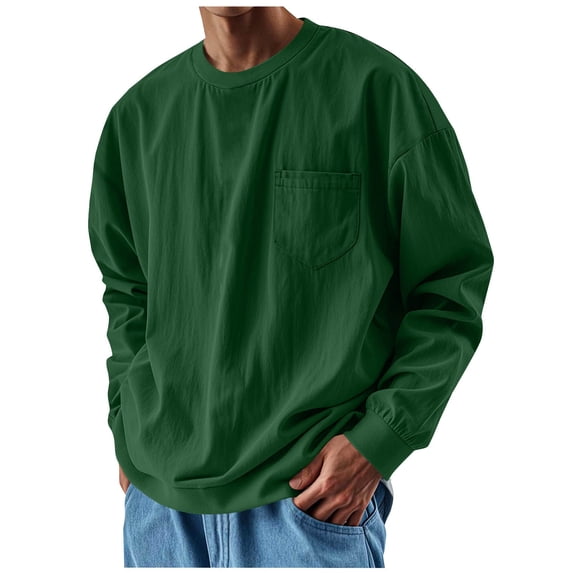 SGFCWSX Men Long Sleeve Blouse, Round Neck Solid Shirt Loose Fit Casual Top Green L