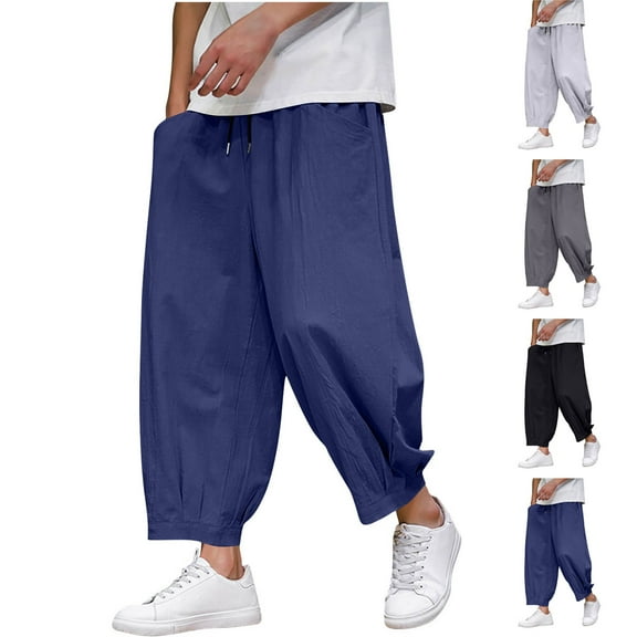 SGFCWSX Men Solid Capri Pants,Drawstring Quick - drying Loose Casual Men's Capri Trousers Navy L
