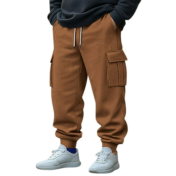 SGFCWSX Men Solid Sweatpants with Drawstring , Elastic Waist Pocket Workwear Drawstring Comfortable Cuffed Pants Brown 2XL