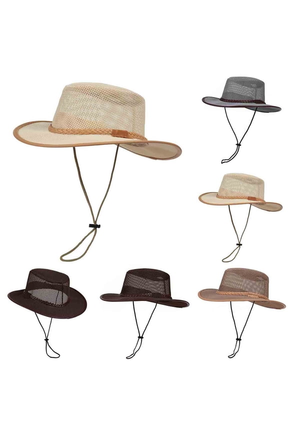 Men West Cowboy Hats,Adjustable Rope Outdoor Hiking Sun Protection Buckle Fisherman Cap Cap Khaki