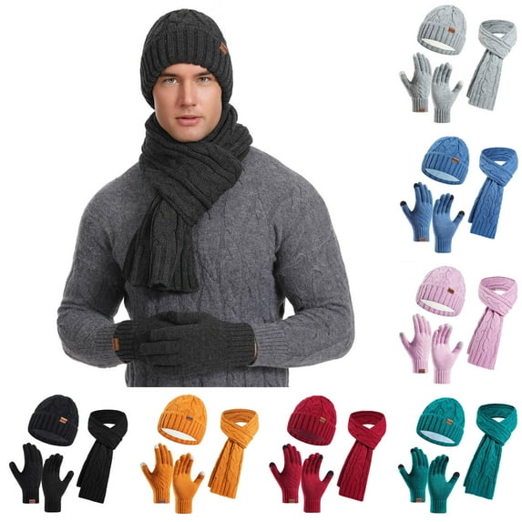 SGFCWSX Men Winter Three Piece Hats Set,Solid Color Casual Warmth Knitted Beanie Scarf Gloves Set Dark Gray Free Size