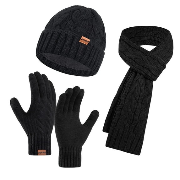 SGFCWSX Men Winter Three Piece Hats Set,Warmth Solid Color Casual Knitted Beanie Scarf Gloves Set Black Free Size