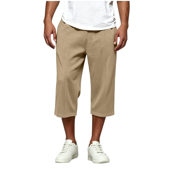 SGFCWSX Men's 7/8-Length Pants – Elastic Waist with Drawstring Functional Pockets Fashionable Casual Khaki Size 2XL