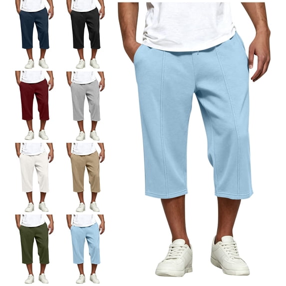 SGFCWSX Men's 7/8-Length Pants – Elastic Waist with Drawstring Functional Pockets Fashionable Casual Light Blue Size 3XL