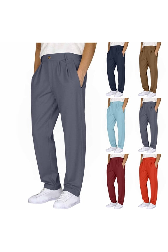 Men's Autumn Cotton Linen Pants,Elastic Waist Double Pleated Front - Pocketed Straight - Leg Solid Pants Gray L
