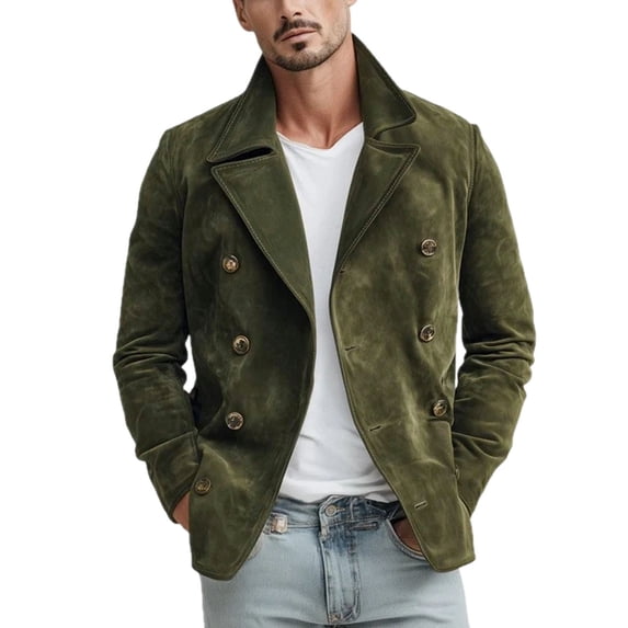 SGFCWSX Men's Blazer Jacket Suede Double Breasted Lapel Collar Relaxed Fit Travel Street Outerwear with Pockets Army Green Size S