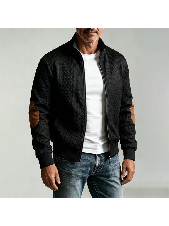 Men's Bomber Jacket Knit Stand Collar Contrast Elbow Patch Full Zip Casual Coat with Pockets Black Size S