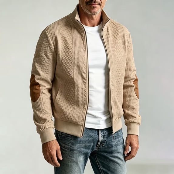 SGFCWSX Men's Bomber Jacket Knit Stand Collar Contrast Elbow Patch Full Zip Casual Coat with Pockets Khaki Size XL