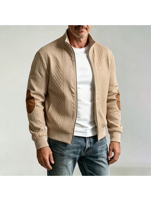 Men's Bomber Jacket Knit Stand Collar Contrast Elbow Patch Full Zip Casual Coat with Pockets Khaki Size XL