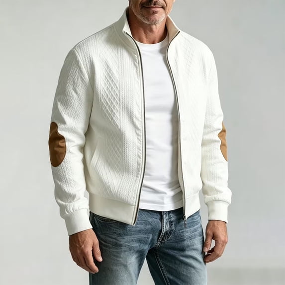 SGFCWSX Men's Bomber Jacket Knit Stand Collar Contrast Elbow Patch Full Zip Casual Coat with Pockets White Size XL