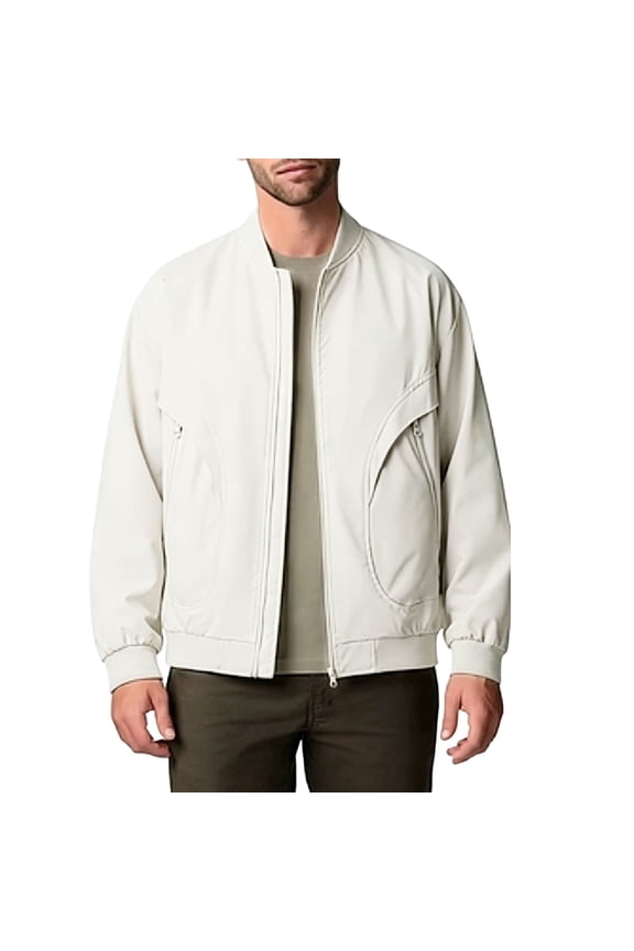 Men's Bomber Jacket Rib Collar Full Zip Curved Zipper Pockets Elastic Cuffs Relaxed Fit Casual Coat Beige Size S
