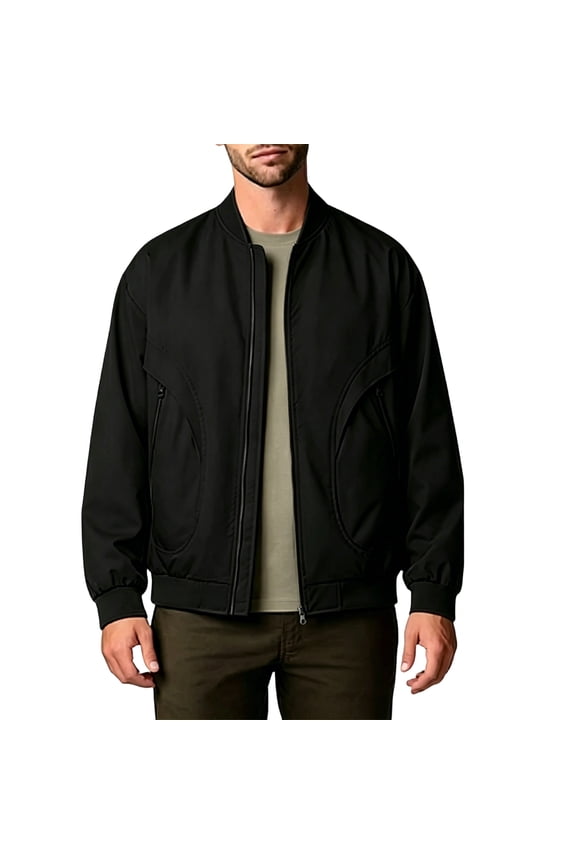 Men's Bomber Jacket Rib Collar Full Zip Curved Zipper Pockets Elastic Cuffs Relaxed Fit Casual Coat Black Size L