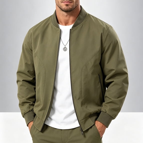 SGFCWSX Men's Bomber Jacket Rib Collar Full Zip Zipper Pockets Elastic Cuffs Water Resistant Casual Coat Army Green Size 2XL