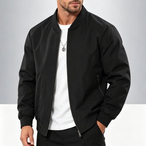 SGFCWSX Men's Bomber Jacket Rib Collar Full Zip Zipper Pockets Elastic Cuffs Water Resistant Casual Coat Black Size XL
