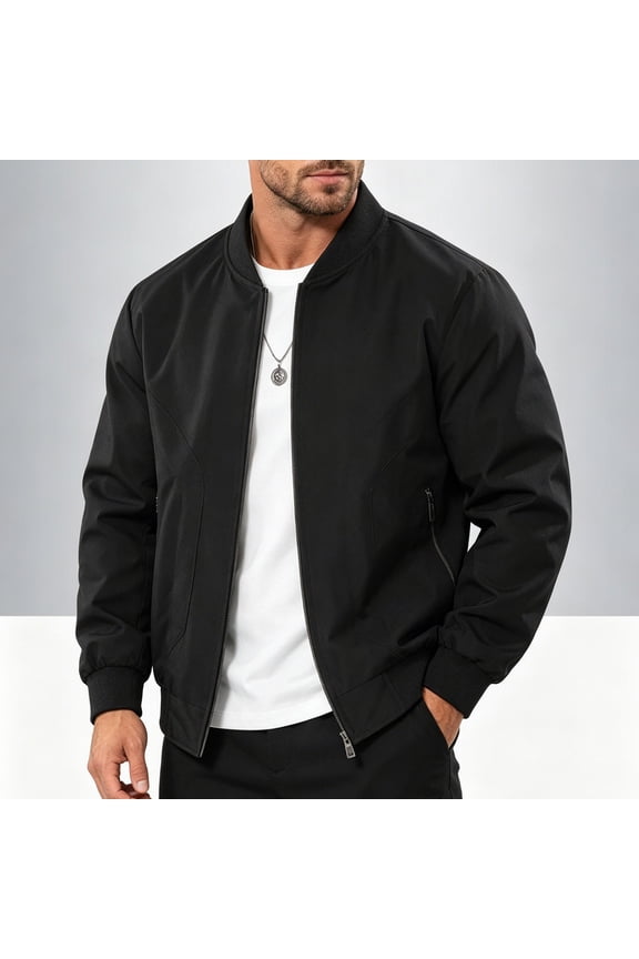 Men's Bomber Jacket Rib Collar Full Zip Zipper Pockets Elastic Cuffs Water Resistant Casual Coat Black Size XL
