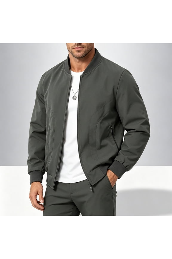 Men's Bomber Jacket Rib Collar Full Zip Zipper Pockets Elastic Cuffs Water Resistant Casual Coat Gray Size M