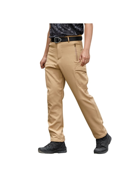 Men's Cargo Pants – Wind-Resistant Water-Repellent Fleece Lined Outdoor Softshell Hiking Trousers Khaki Size XL