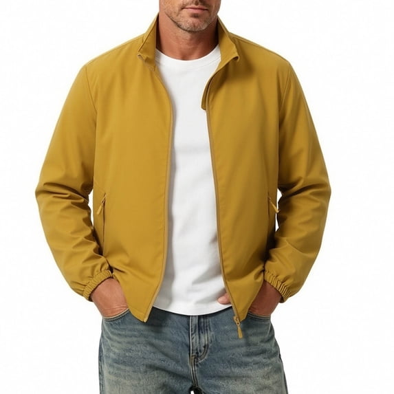 SGFCWSX Men's Casual Jacket Stand Collar Full Zip Zipper Side Pockets Elastic Cuffs Wind Resistant Travel Coat Yellow Size 2XL
