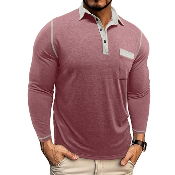 SGFCWSX Men's Casual Long - sleeve Tops, Breathable Button Pocket Solid Color Collar Blouse Pink 3XL