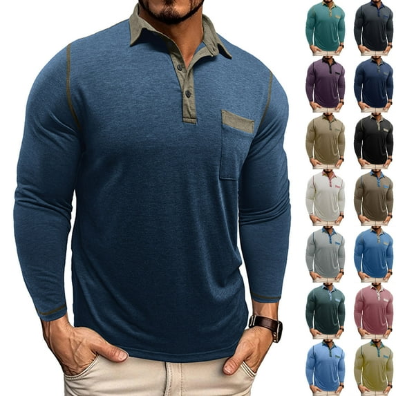 SGFCWSX Men Long Sleeve T-Shirt,Solid Color Breathable Button Pocket Casual T-shirts Navy 2XL