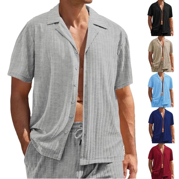 SGFCWSX Men's Casual Ribbed Short Sleeve Button Down Shirt Cuban Collar Textured Shirt for Summer Vacation Outfits Gray Size L