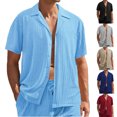 thumbnail image 1 of SGFCWSX Men's Casual Ribbed Short Sleeve Button Down Shirt Cuban Collar Textured Shirt for Summer Vacation Outfits Light Blue Size L, 1 of 7